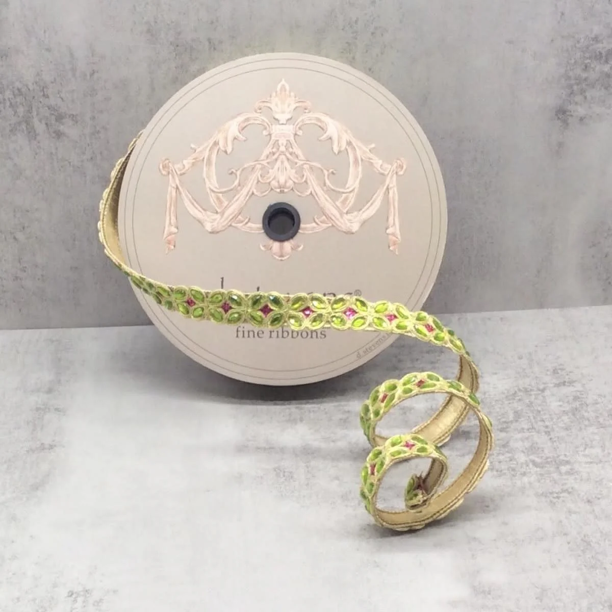1" x 10yds Metallic Dupion Lime Jewel Trim Pink Glitter, Gold