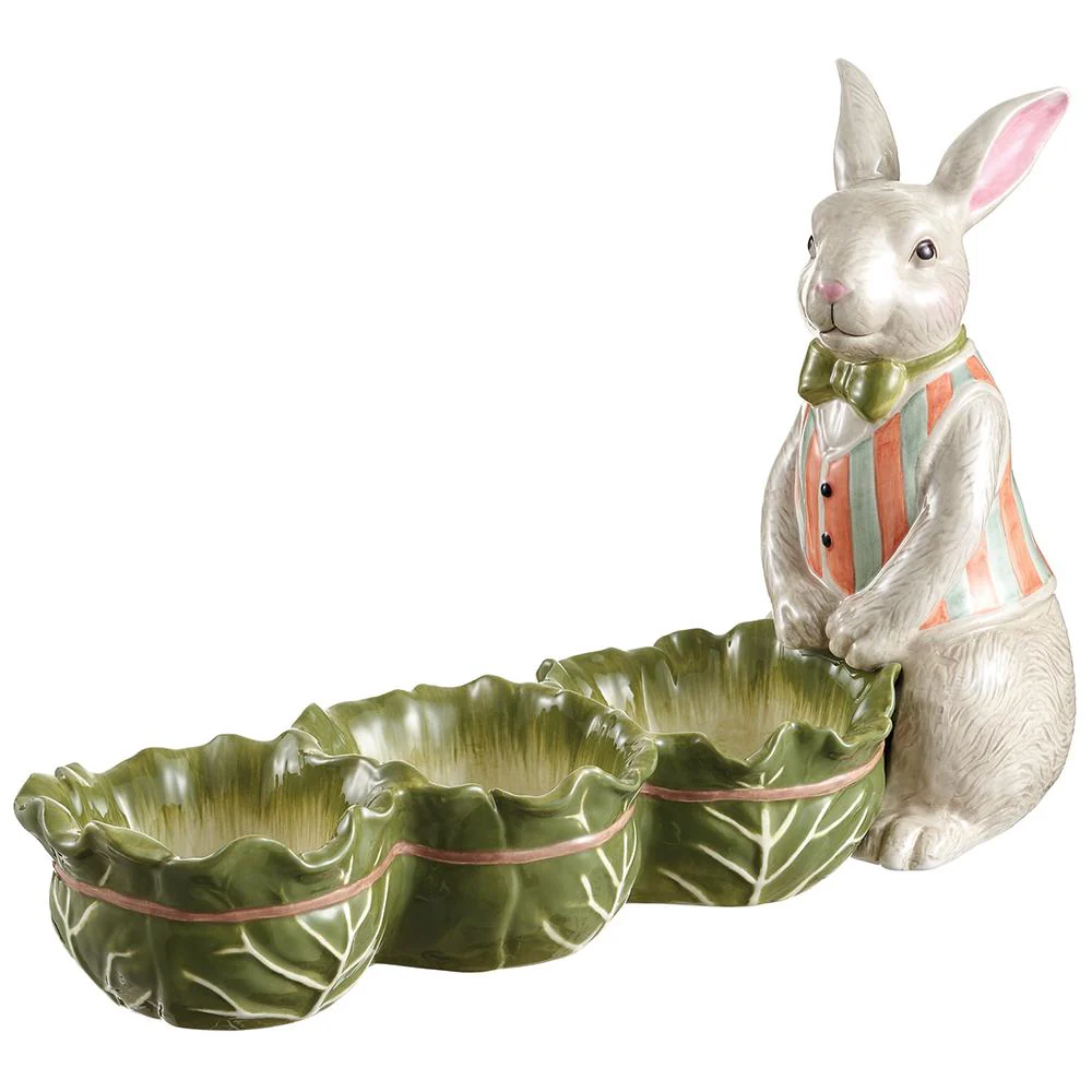 10" Bunny Holding Cabbage Bowls Cream Green