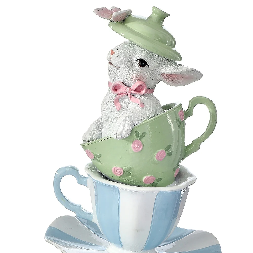11" Resin Tea Cup Stack With Bunny - Image 2