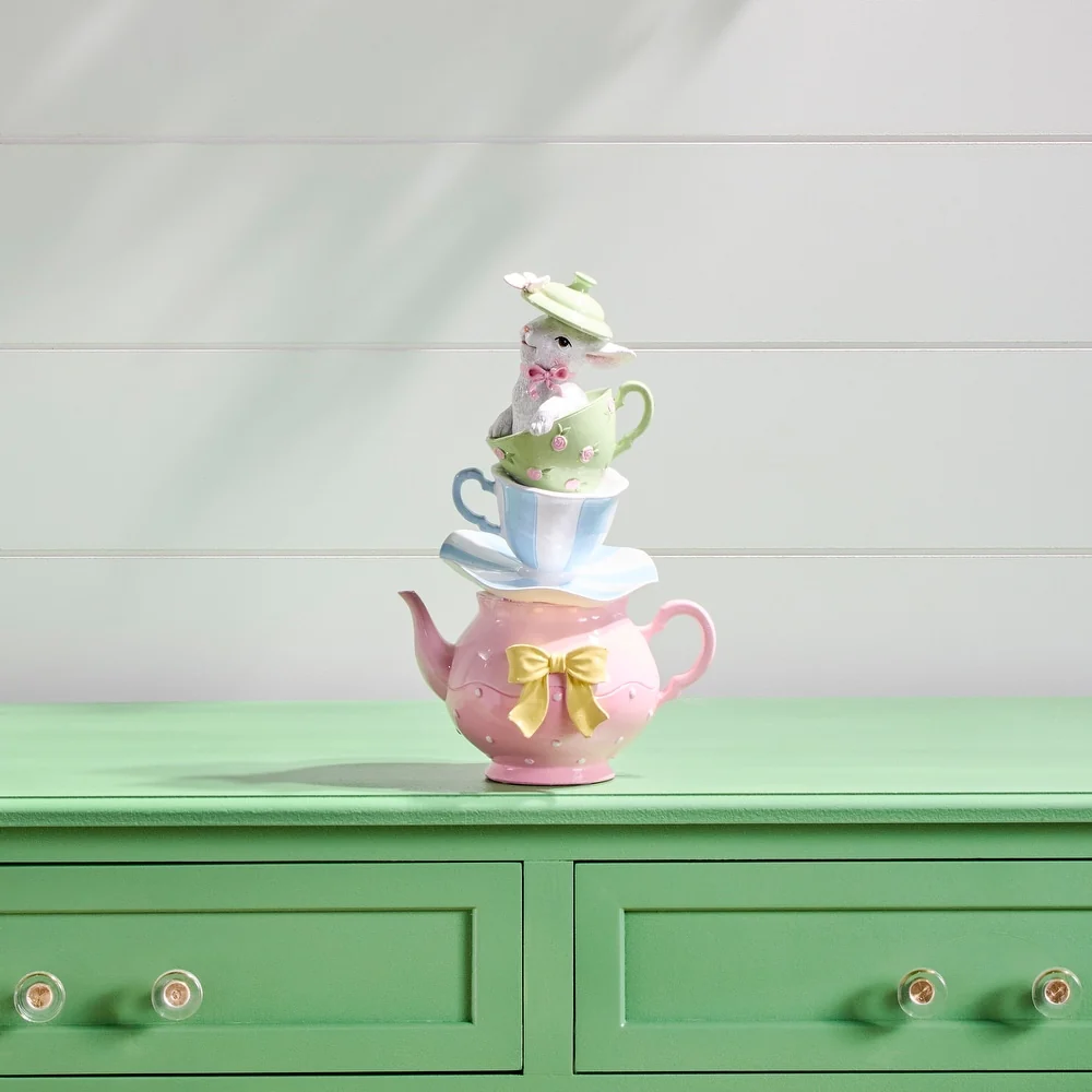 11" Resin Tea Cup Stack With Bunny - Image 3