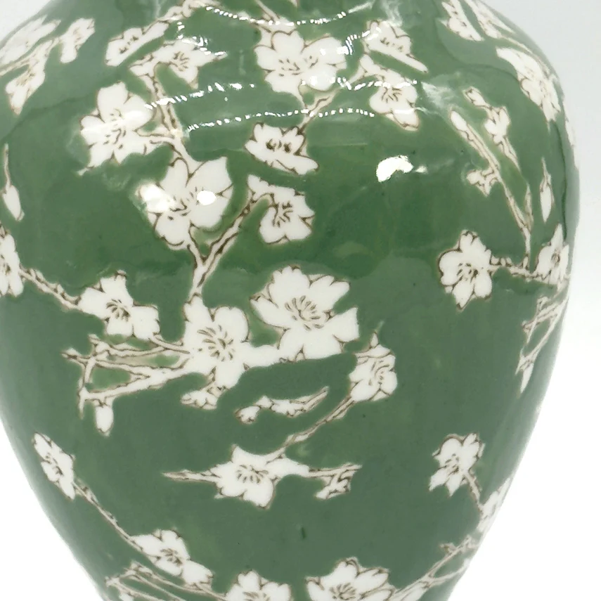 14" Ceramic Chinoiserie Vase Green & White Sakura - Image 4