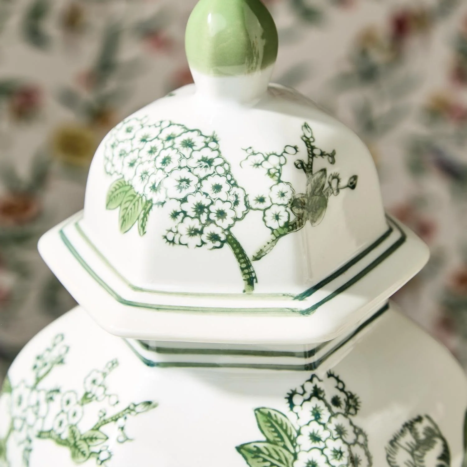14" Primrose and Lotus Green and White Chinoiserie Hexogonal Temple Jar with Lid - Image 3