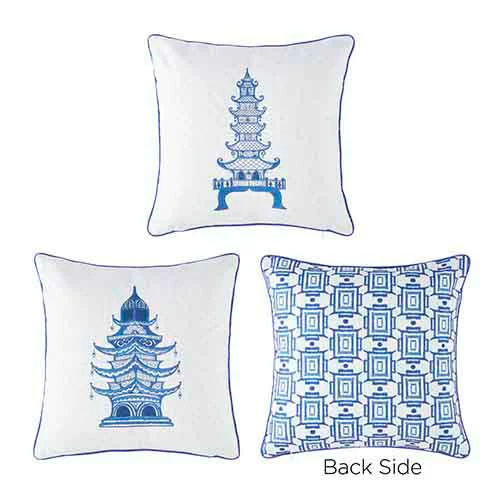 15.5" Embroidered Blue Pagoda Patterned Back