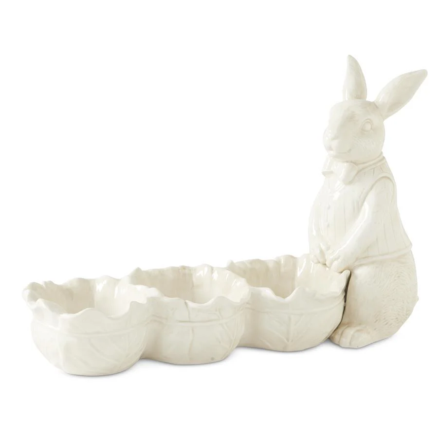 16 Inch Antiqued White Dolomite Divided Cabbage Bowls with Rabbit