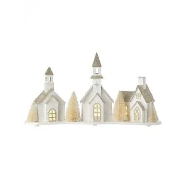 16" LED Battery Timer Cardboard Snowy Village with Church