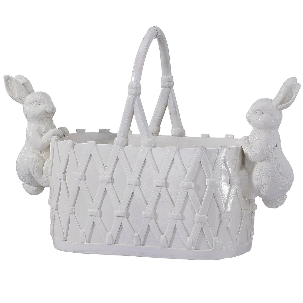 16" Resin Basket Planter With Bunnies