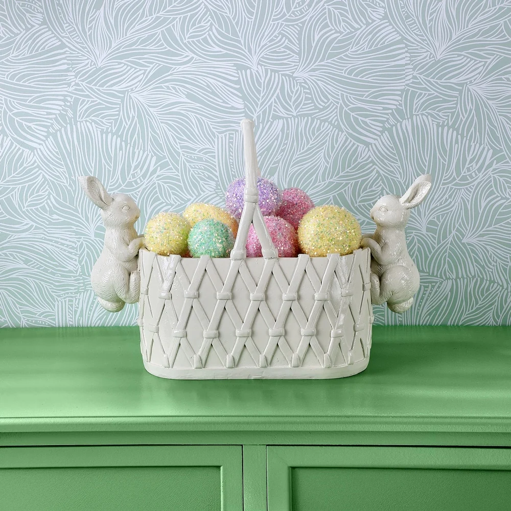 16" Resin Basket Planter With Bunnies - Image 3