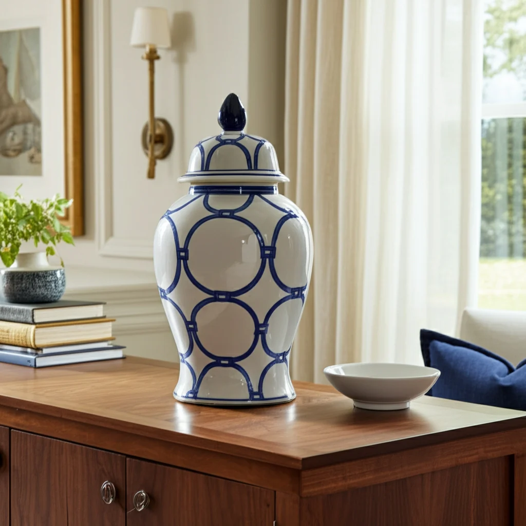 18 in. Ceramic Classic Links Decorative Temple Jar Blue