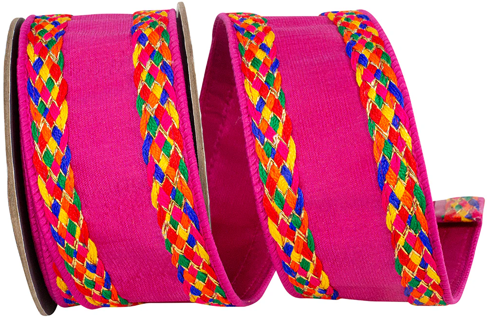 2-1/2 Inch Multi Color Braid Festive Deluxe Wired Edge Fuchsia Ribbon