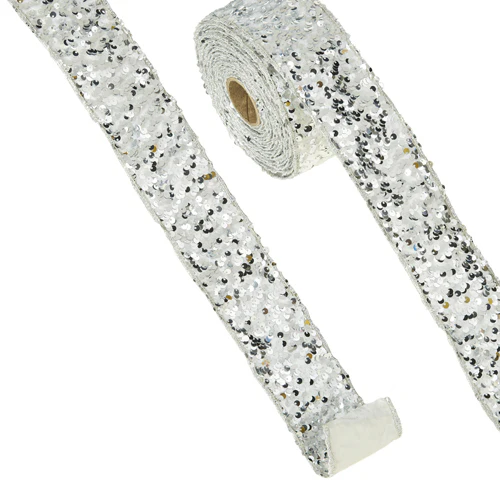 2.5" X 10 Yds Silver Sequined Wired Ribbon
