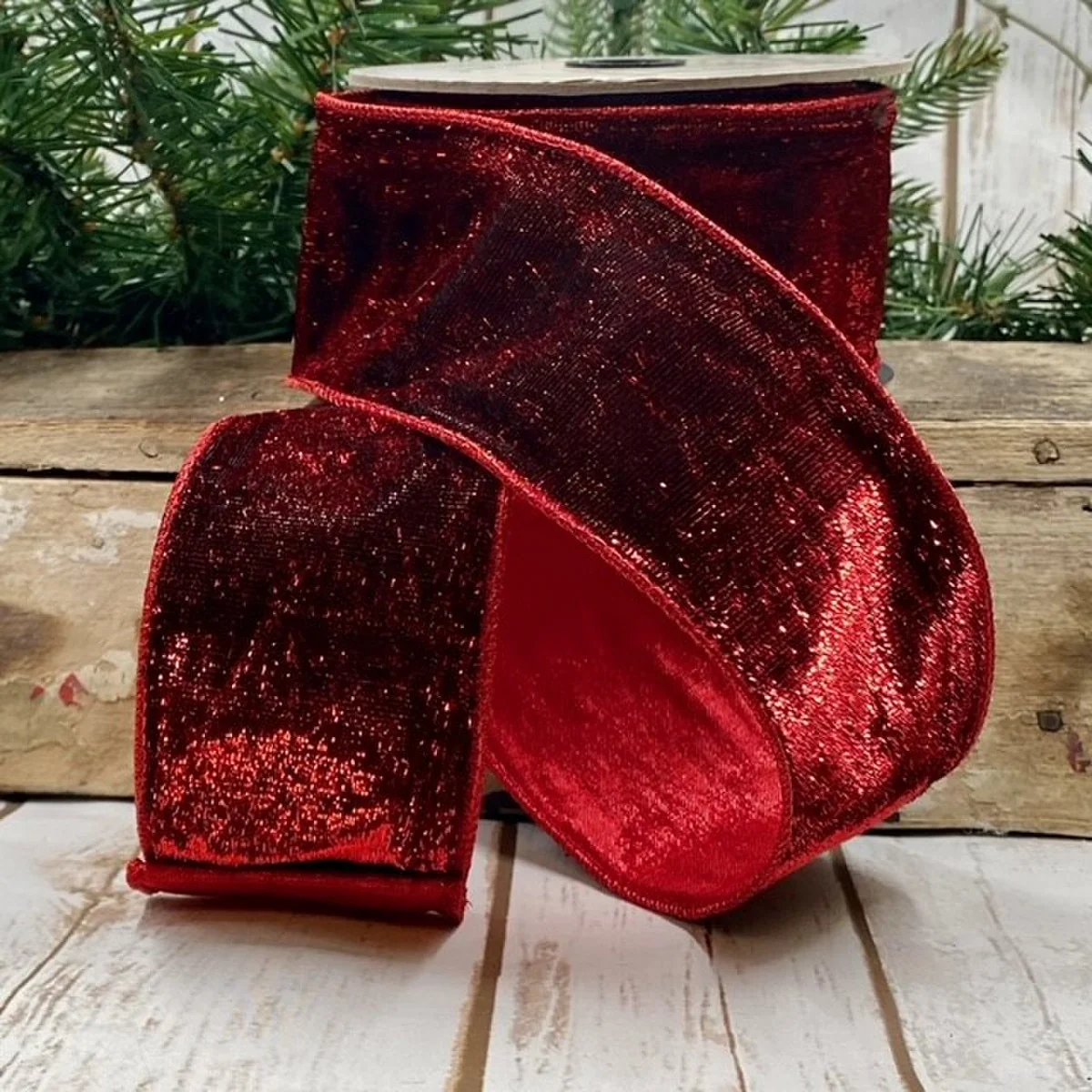 2.5" x 10yds Metallic Velvet Matching Metallic Back Ribbon, Red