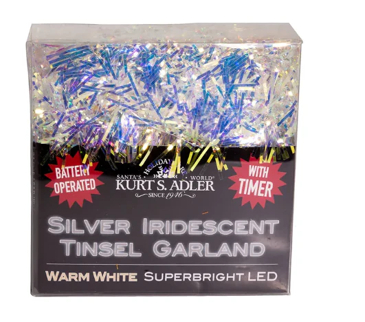 20-Light Battery-Operated Warm White Superbright LED Silver Iridescent Tinsel