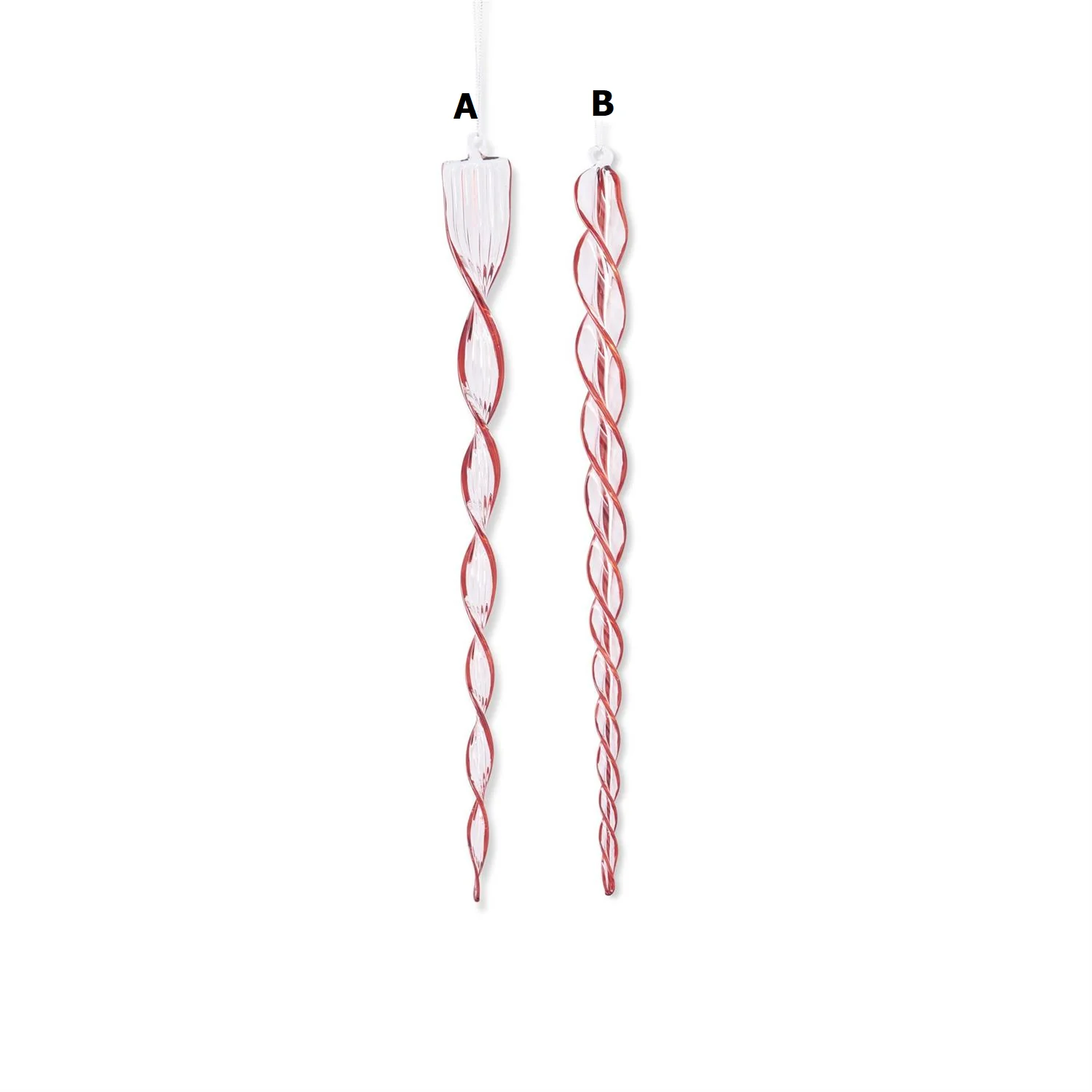 21 Inch Red & Clear Glass Flat Spiral Icicle Ornaments