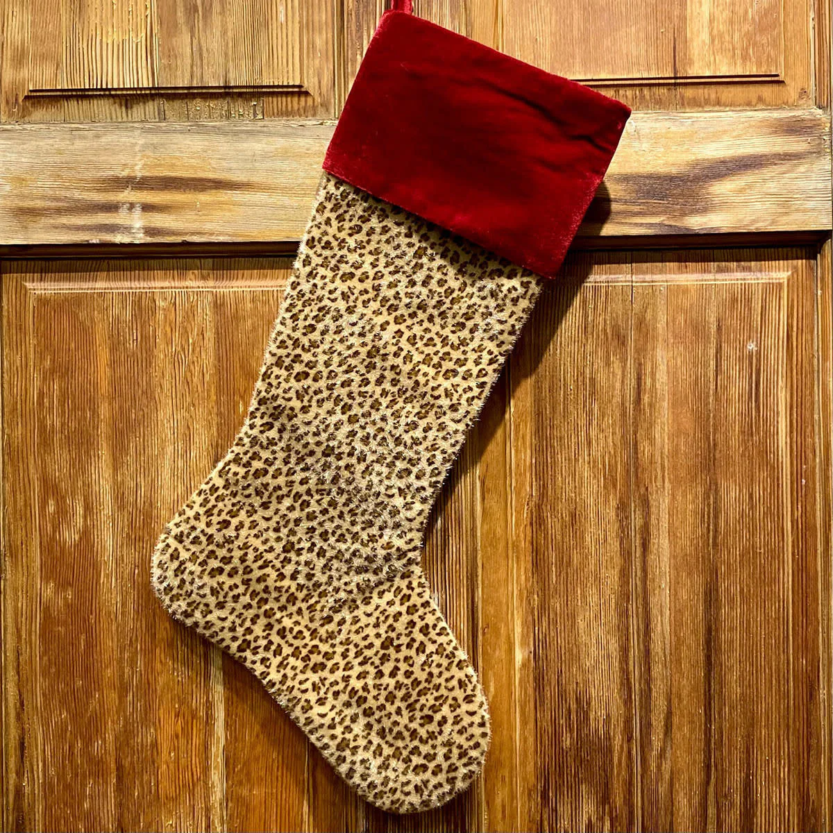 23" Faux Horsehair Leopard Stocking Red Velvet Cuff, Tan