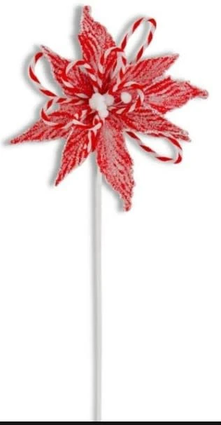 24 Inch Snowy Glittered Red Poinsettia With Striped Accents