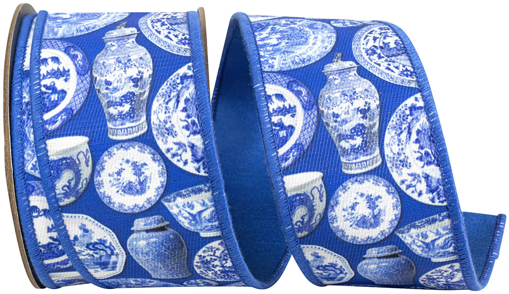 2.5 Inch Terra Cotta Ceramics Chinoiserie Twill Deluxe Dupioni Backed Wired Edge Ribbon - Image 3