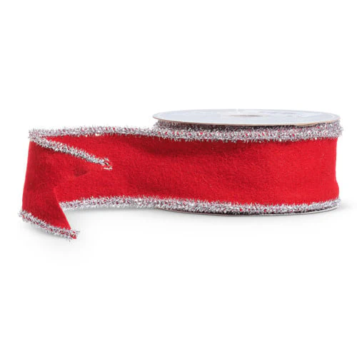 2.5" x 10 Yds Red Felt Ribbon with Tinsel Trim