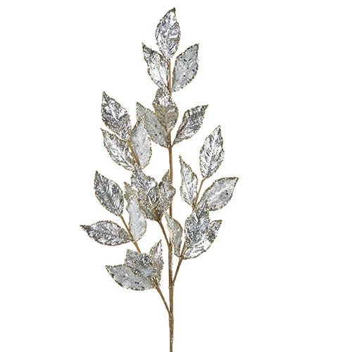 29" Glittered Silver Leaf Spray