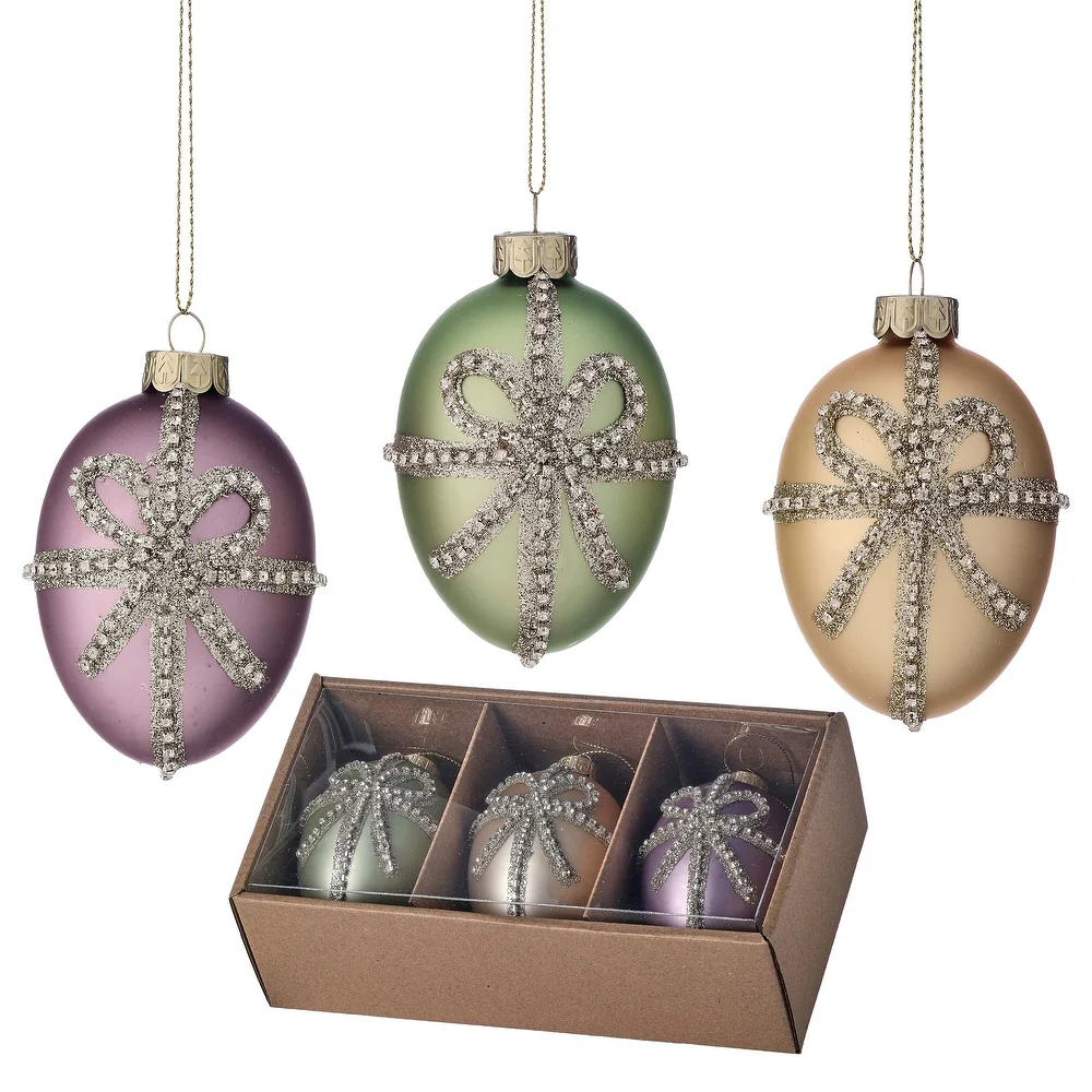 3.5" Glass Royalty Egg Ornament With Jewel Bow - Sold Individually - Image 2