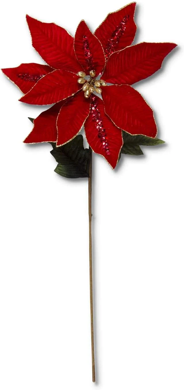30 Inch Red Velvet Poinsettia Stem w/Sequins Gold Trim & Center