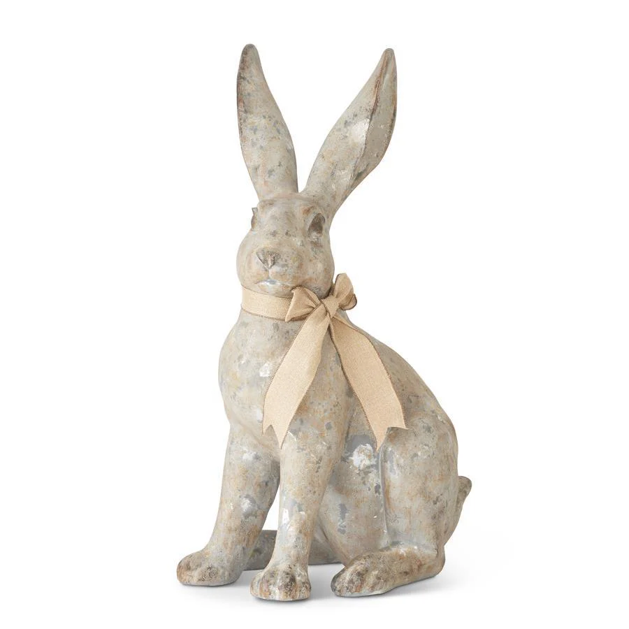 34 Inch Distressed Gray Sitting Rabbit with Burlap Bow