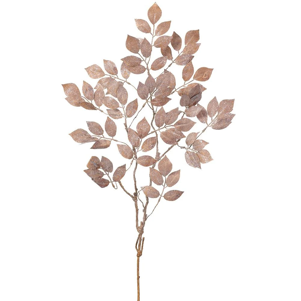 36" Glittered Rose Leaf Spray Brown
