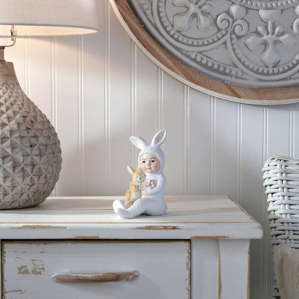 4.5" Resin Vintage Easter Child with Bunny - Image 3