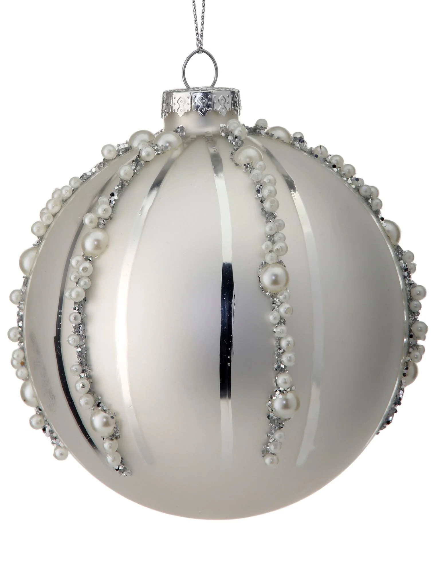 4" Glass Pearl Bead Stripe Ball Ornament - Image 2