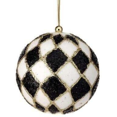 4” Harlequin Glitter Ball Ornament - Black White