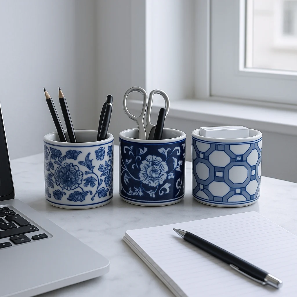 4 in. Blue/White Ceramic Chinoiserie Pencil Cup - Sold Individually - Image 4