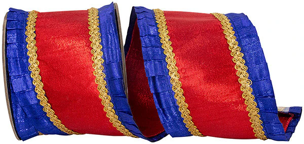 4 Inch Metallic Pleated Overlay Deluxe Metallic Dupioni Backed Wired Edge Ribbon - Royal/Red - Image 2