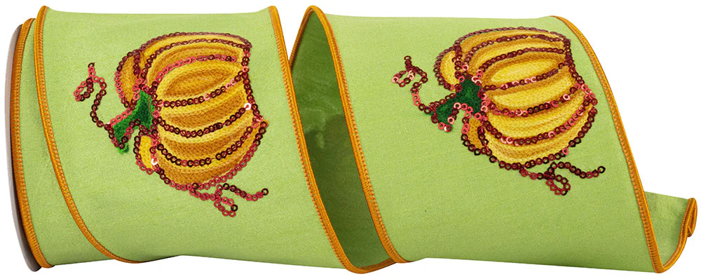 4 Inch Pumpkin Sequin Deluxe Wired Edge Citrus Ribbon