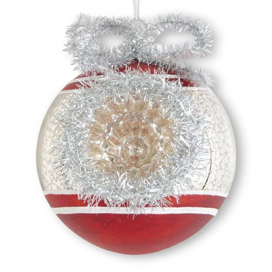 4 Inch Red & Silver Mercury Glass Open Front Orn Tinsel