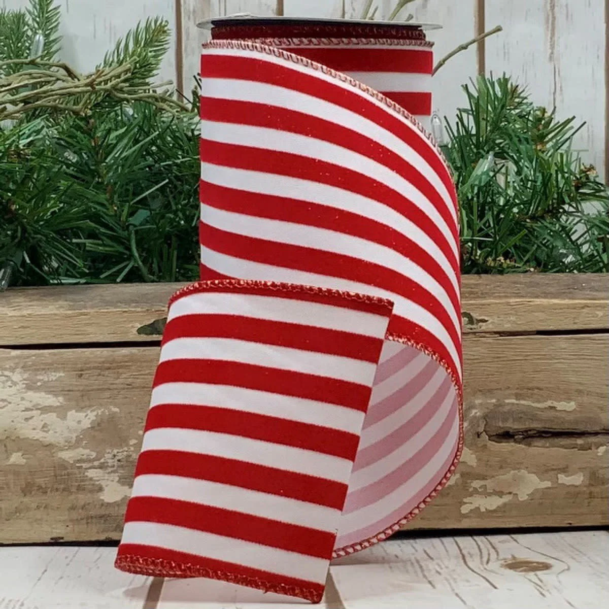 4" x 10" yds Linen Flocked Sparkle Stripe, Red/White