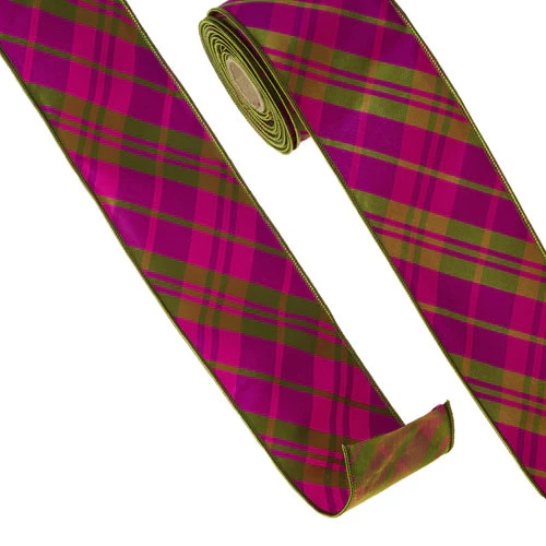 4" X 10 Yds Pink and Green Plaid Wired Ribbon