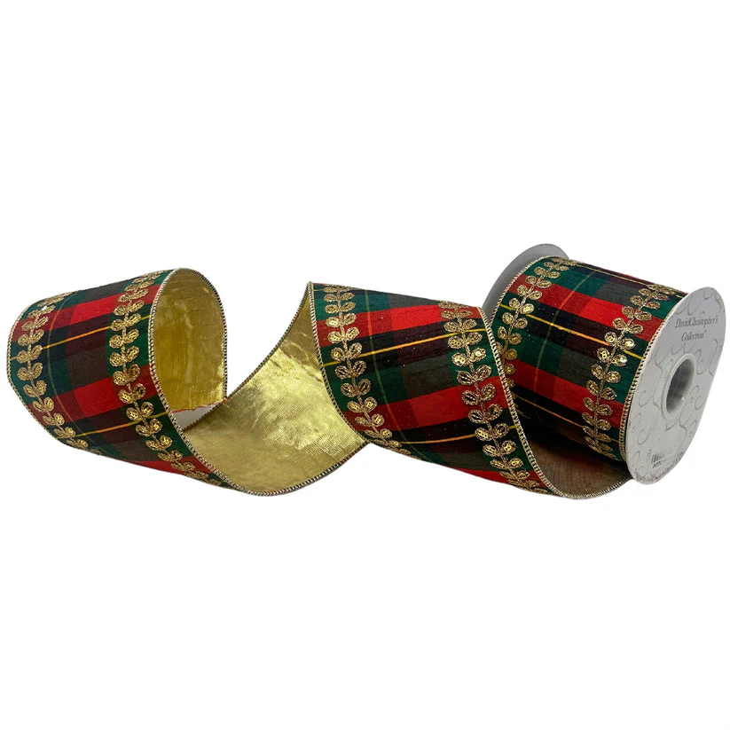 4” x 10yd Gold Leaf Embroidery on Traditional Plaid Dupion Ribbon