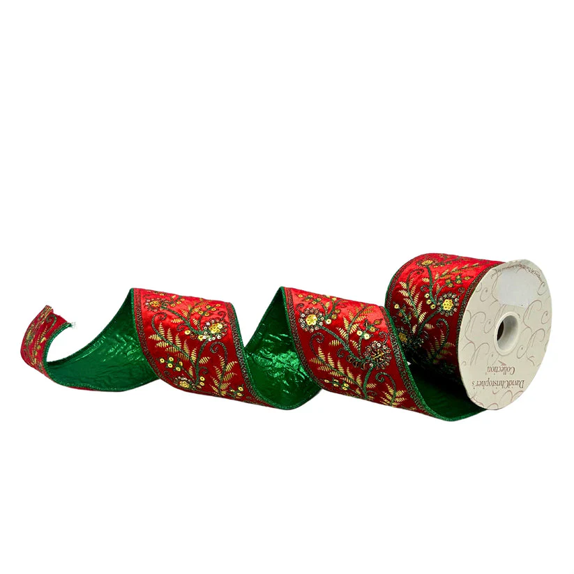4” x 10yd Green Fern Embroidery w/ Gold Sequins on Red Velvet Ribbon