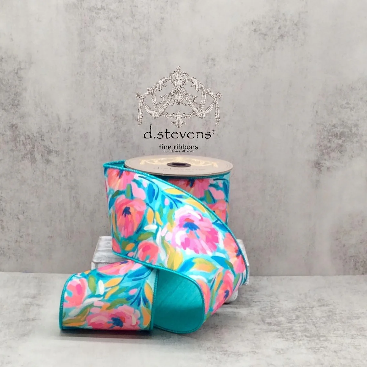 4" x 10yds Dupion Hand Drawn Abstract Flowers, Pink Teal Golden Yellow Ribbon