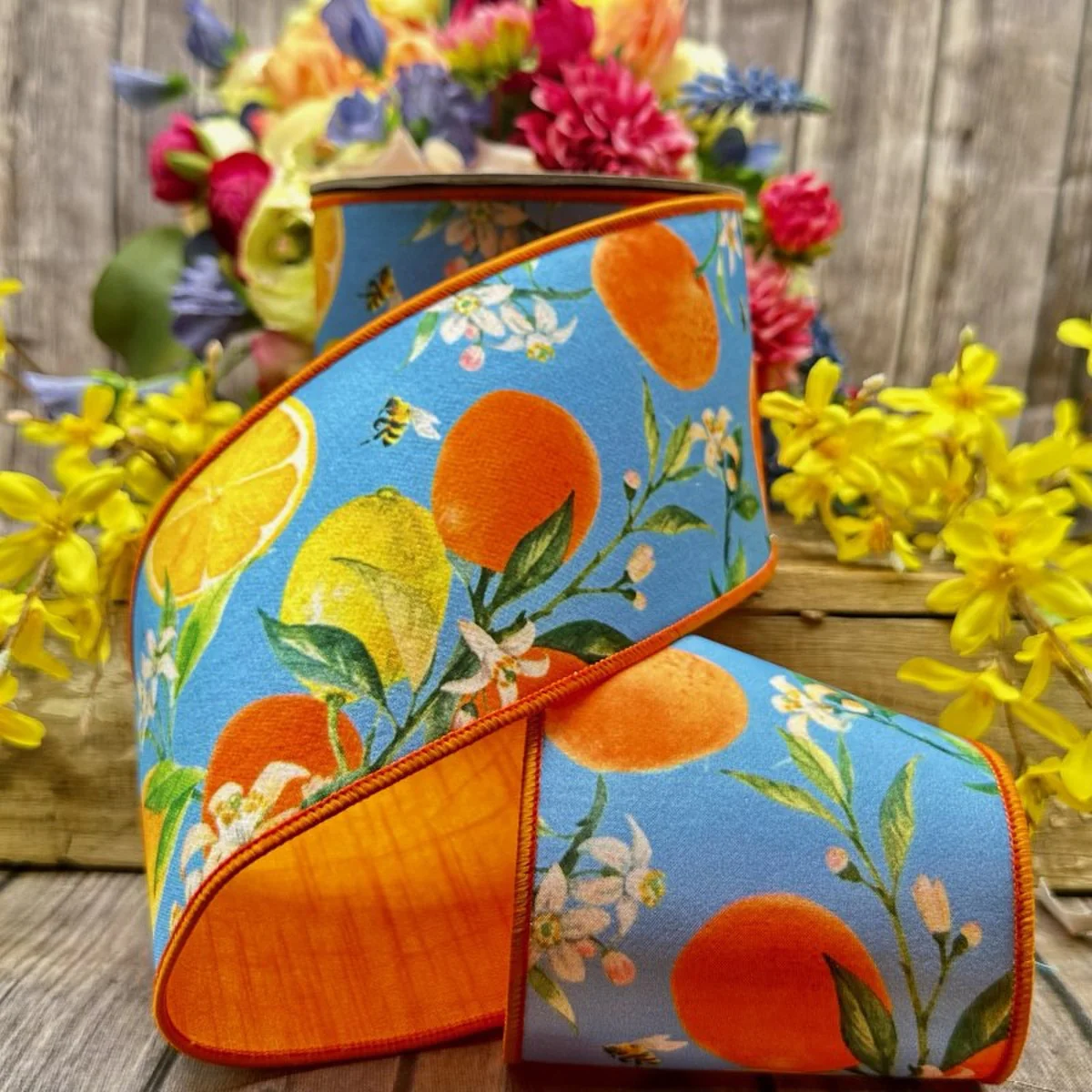 4" x 10yds Dupion Watercolor Citrus and Blossoms Ribbon