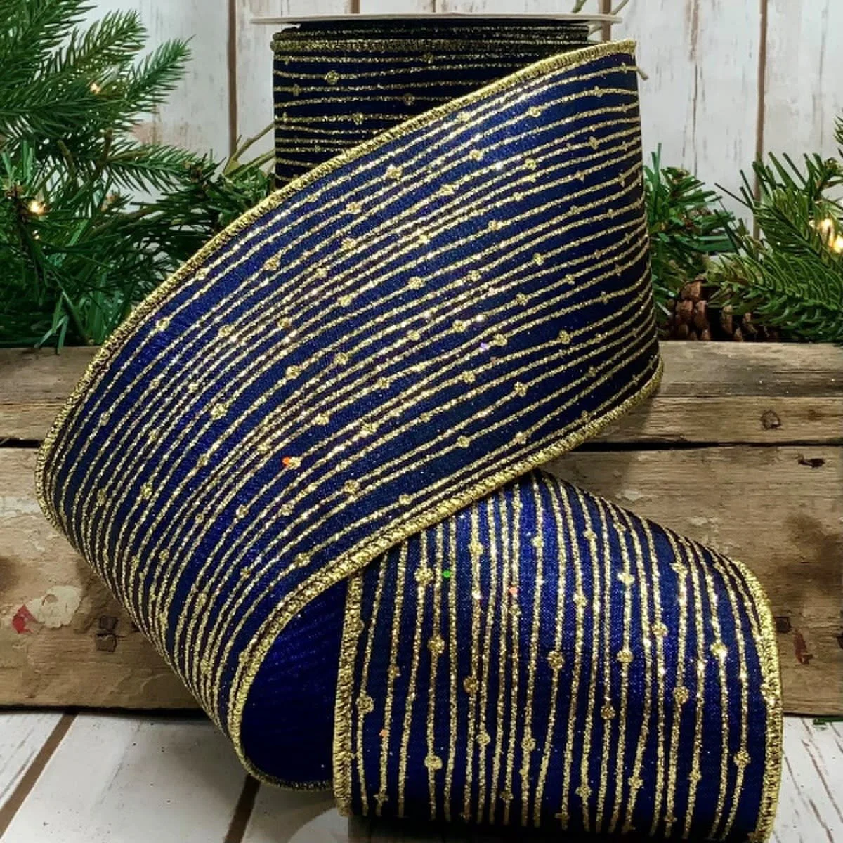 4" x 10yds Metallic Dupion Gold Spun, Navy
