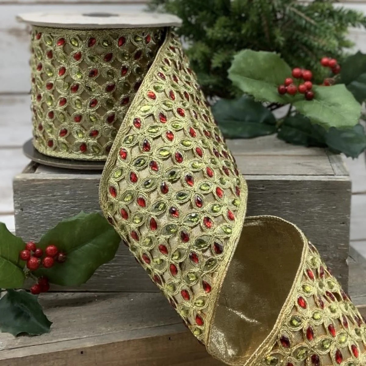4" x 5yds Faux Metallic Dupion Filigree Jeweled Trim, Green-Red