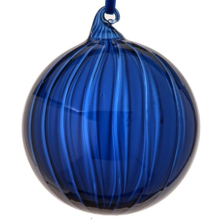 5” Glass  Clear Stripe Ball Ornament - Image 2