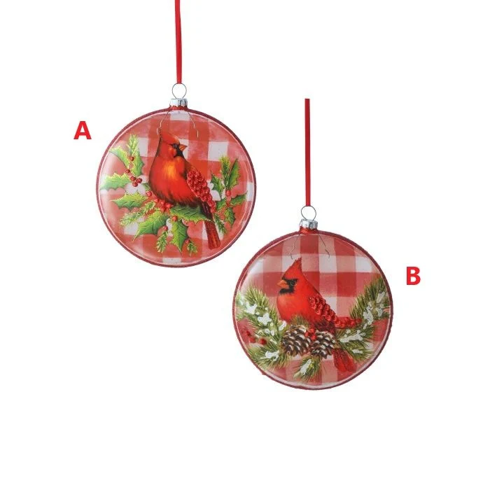 5" Glass Plaid Cardinal Disk Ornament - Sold Individually