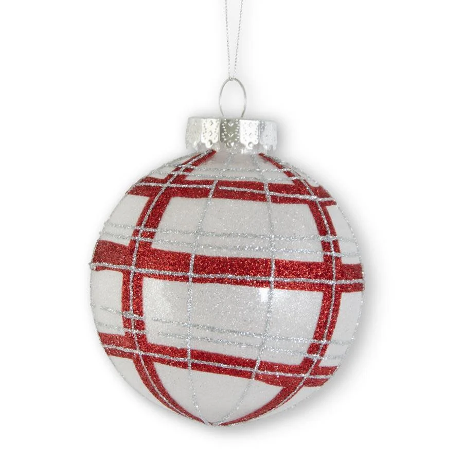5 Inch Glittered Red & Silver Plaid Shatterproof Ornament