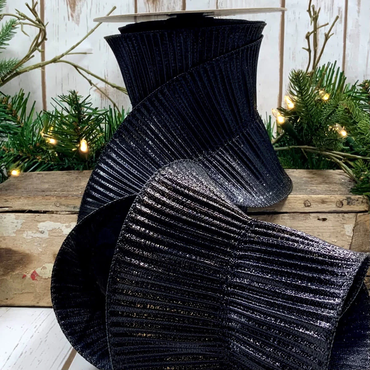 5" x 10yds Fluted Lame, Black Ribbon