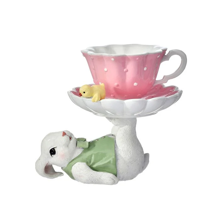 6.5” Resin Bunny W/Teacup