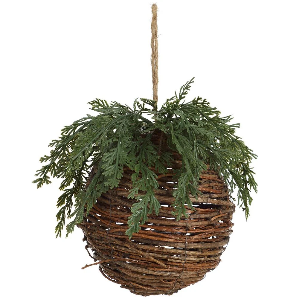 6" Cedar Twig Ball Ornament Green Brown