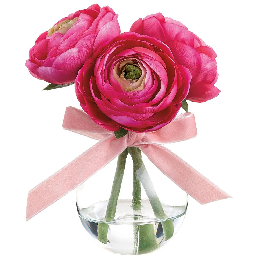 6 Inch Ranunculus in Glass Vase Beauty Pink