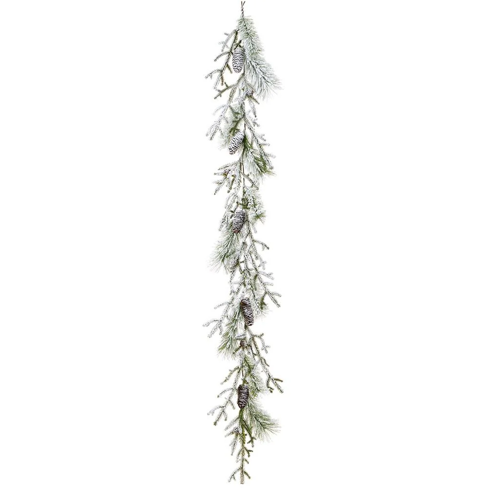 6' Snowed Pine Garland With Pine Cone White Green