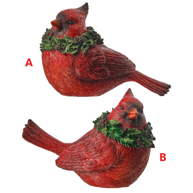 6.5" Resin Glitter Cardinal with Holly - Sold Individually